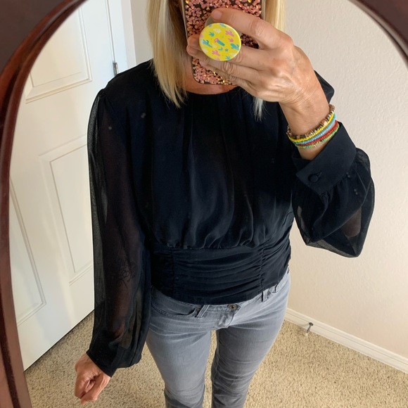 Gabrielle Union New York & Company Ruched Waistband Black Blouse - Picture 4 of 13